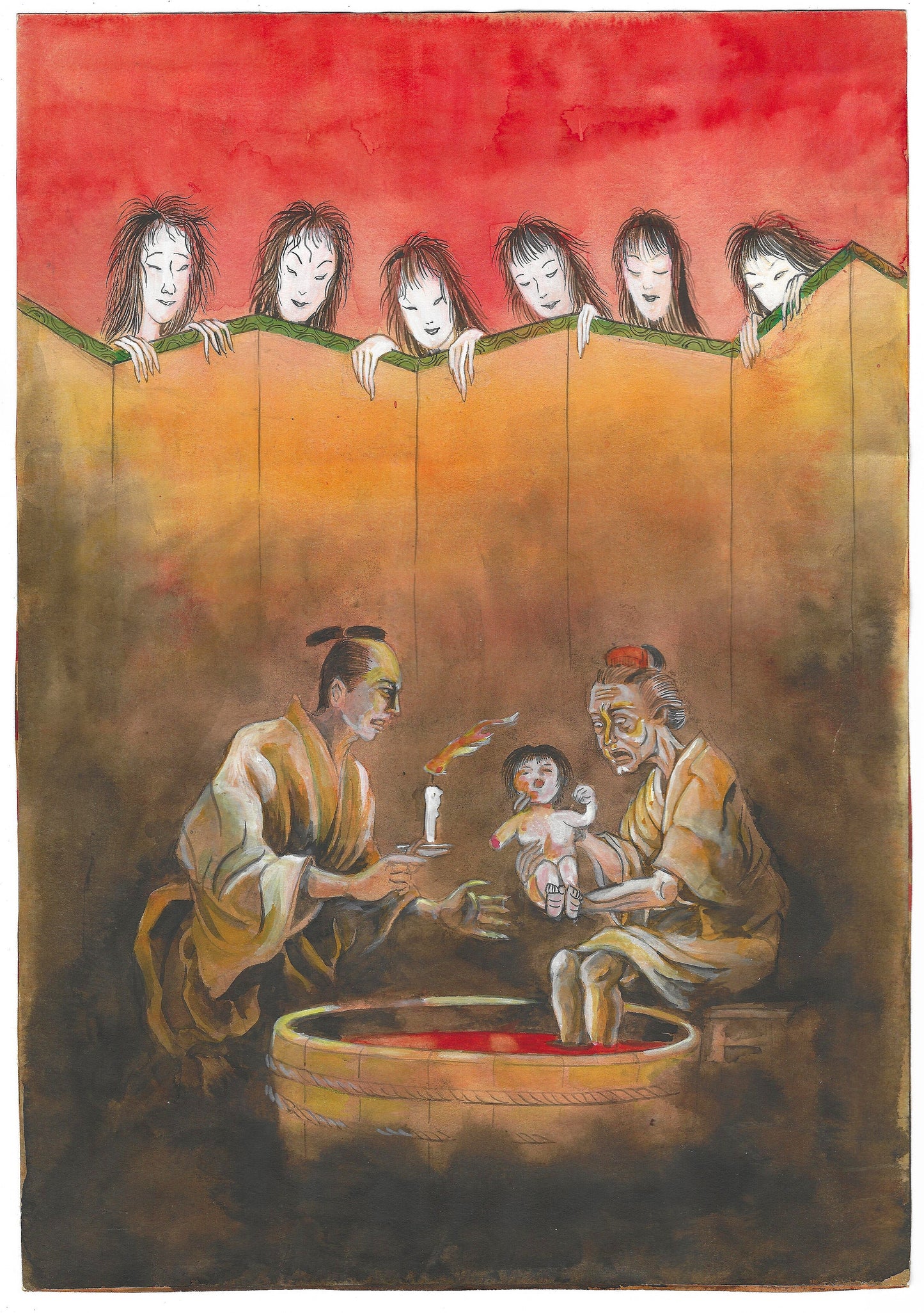 Marina Shirakawa | Ubume (産女) | Onna Yokai | Mixed Media color painting | 1986