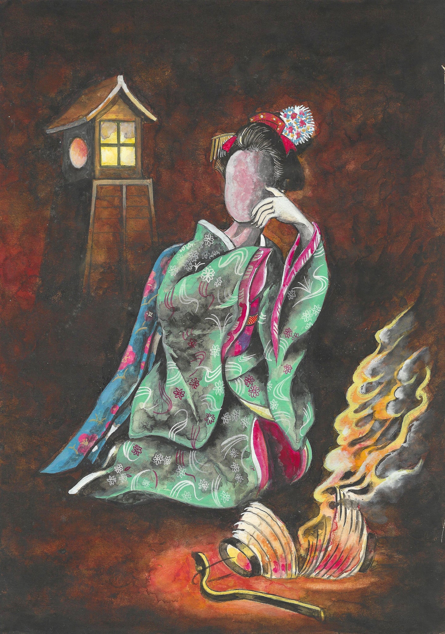 Marina Shirakawa | Nopperabō | Onna Yokai | Mixed Media color painting | 1986